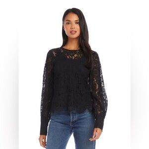 NWT Fifteen Twenty Lace Blouse Sheer Long Sleeve Black Size M